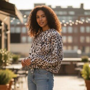 Express One Eleven Leopard Print Slouchy Oversized Cropped Sweatshirt - XS